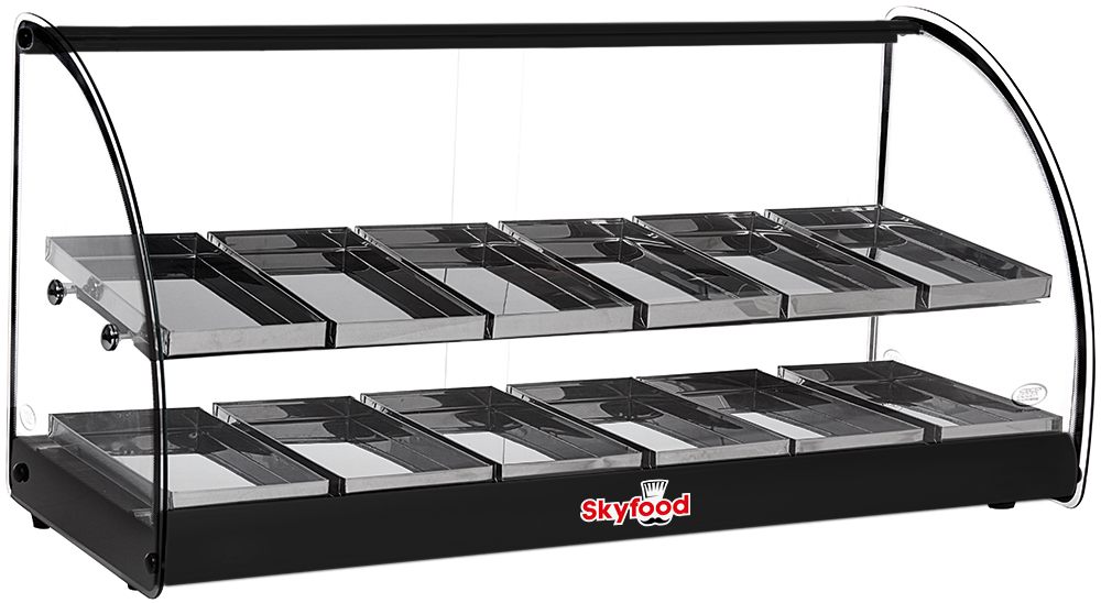 Skyfood FWD2-36BL Food Warmer Display Case Countertop, 36" Wide, 2 Shelves, 24 Stainless Steel Trays, Curved Glass, Black