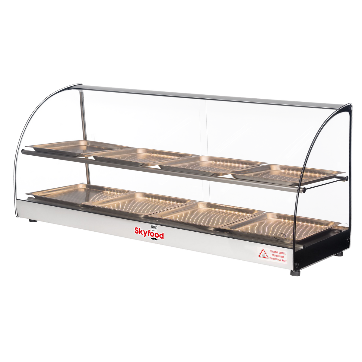 Skyfood FWD2-43-8P Food Warmer Display Case Countertop, 43" Wide, 2 Shelves, 8 Stainless Steel Pans, Curved Glass