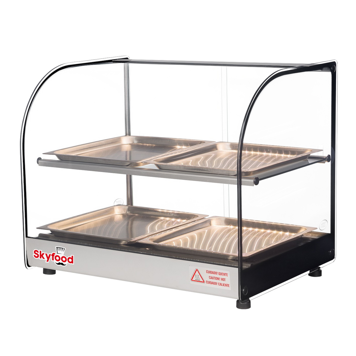 Skyfood FWDC2-22-4P Food Warmer Display Case Countertop, 22" Wide, 2 Shelves, 4 Stainless Steel Pans, Curved Glass