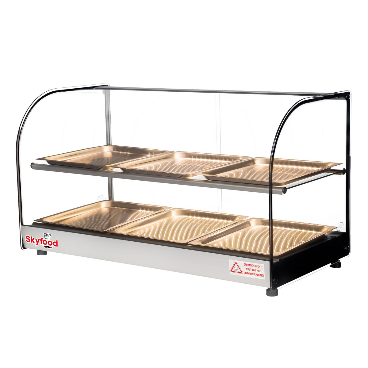 Skyfood FWDC2-33-6P Food Warmer Display Case Countertop, 33" Wide, 2 Shelves, 6 Stainless Steel Pans, Curved Glass