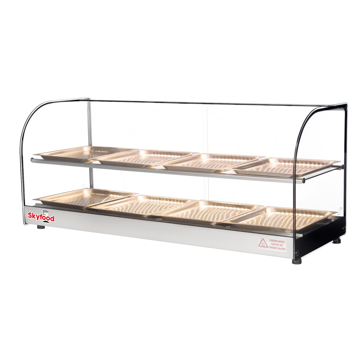 Skyfood FWDC2-43-8P Food Warmer Display Case Countertop, 43" Wide, 2 Shelves, 8 Stainless Steel Pans, Curved Glass