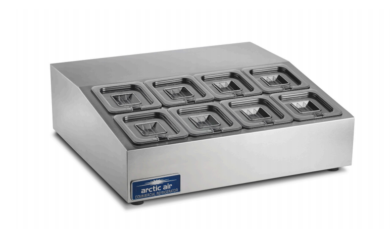 Arctic Air ACP8SQ 27.5" Compact Refrigerated Countertop Pan Rail, 8-Pan Capacity, Stainless Steel Construction
