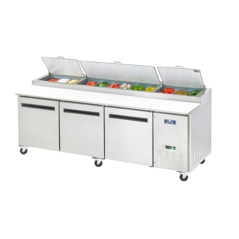 Arctic Air APP94R 94" Pizza Prep Table, 31 cu. ft., 3 Doors, 12 Pans, 17.75" Cutting Board, Digital Thermostat