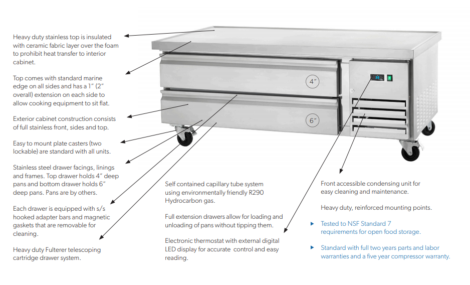 Arctic Air ARCB60 62" Refrigerated Chef Base, 2 Drawers, Marine Edge Top, Stainless Steel Construction, Digital Thermostat