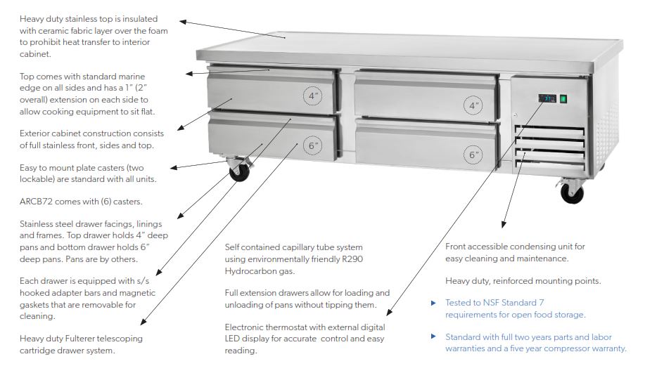 Arctic Air ARCB72 74" Refrigerated Chef Base, 4 Drawers, Marine Edge Top, Stainless Steel Construction, Digital Thermostat