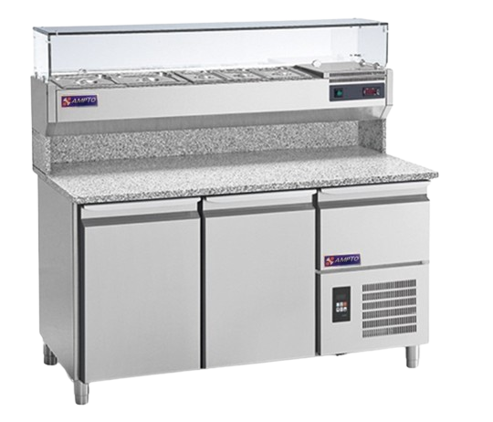 AMPTO MPP-2US 12.0 Cu. Ft. Granite Pizza Prep Table, Two Refrigerated Sections, Neutral Storage, Glass Ingredient Rail