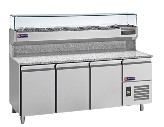 AMPTO MPP-3US 16.0 Cu. Ft. Granite Pizza Prep Table, Three Refrigerated Sections, Neutral Storage, Glass Ingredient Rail