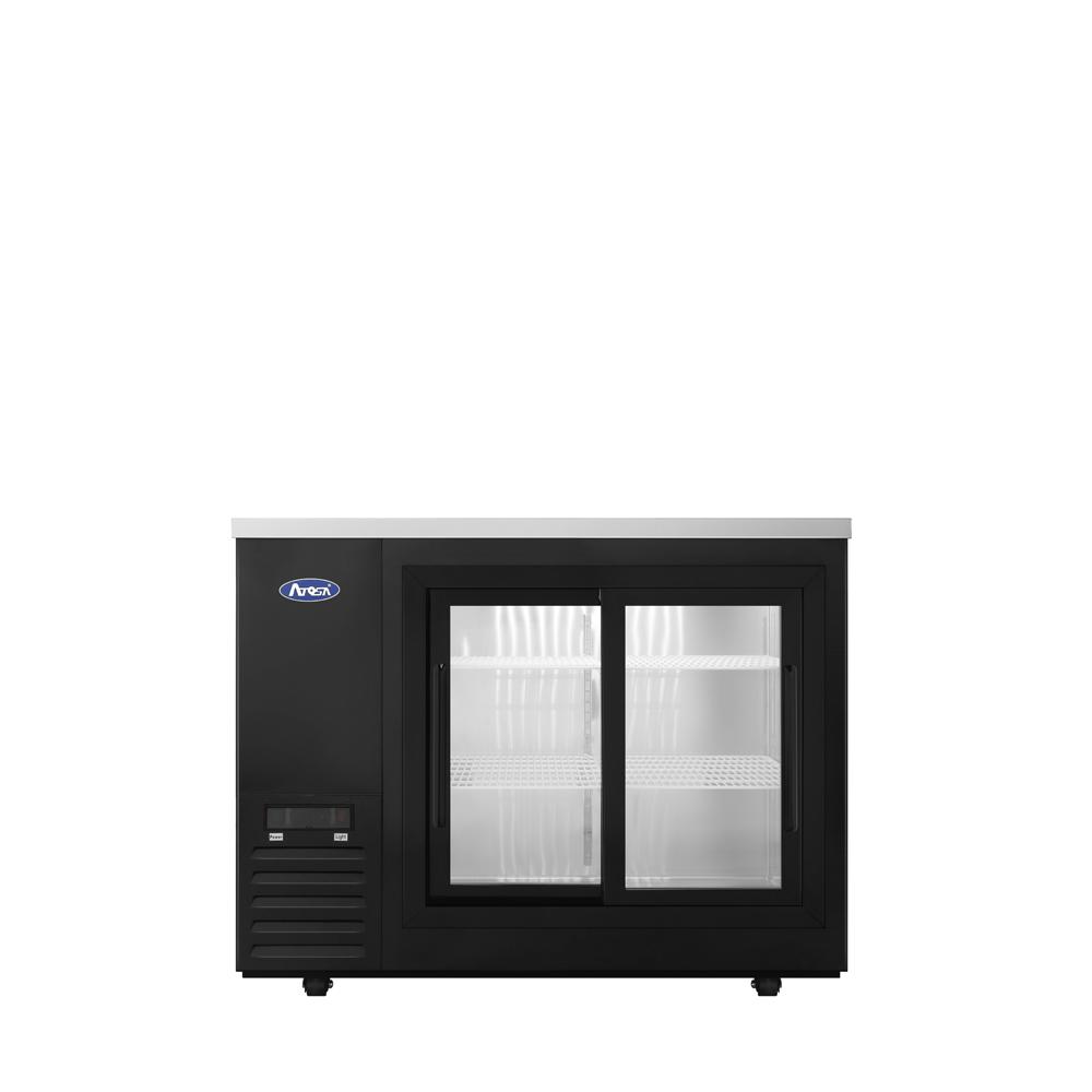 Atosa SBB48SGGRAUS2 48" 11.5 Cu. Ft. Shallow Depth Back Bar Cooler, 2 Sliding Glass Doors, Black Exterior
