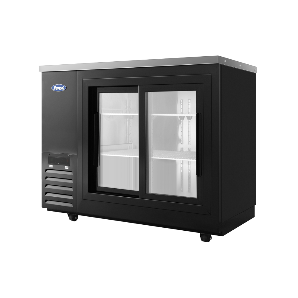 Atosa SBB48SGGRAUS2 48" 11.5 Cu. Ft. Shallow Depth Back Bar Cooler, 2 Sliding Glass Doors, Black Exterior