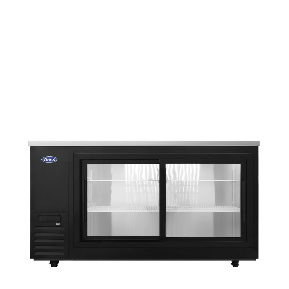 Atosa SBB69SGGRAUS2 68" 18.6 Cu. Ft. Shallow Depth Back Bar Cooler, 2 Sliding Glass Doors, Black Exterior