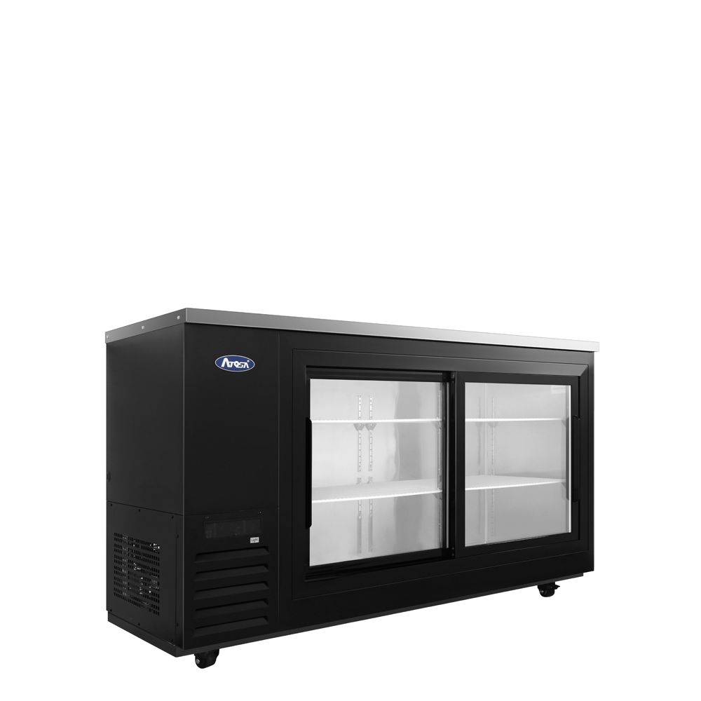 Atosa SBB69SGGRAUS2 68" 18.6 Cu. Ft. Shallow Depth Back Bar Cooler, 2 Sliding Glass Doors, Black Exterior