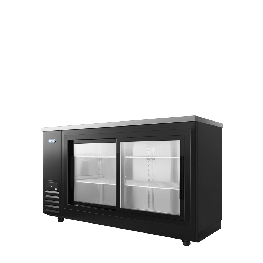 Atosa SBB69SGGRAUS2 68" 18.6 Cu. Ft. Shallow Depth Back Bar Cooler, 2 Sliding Glass Doors, Black Exterior
