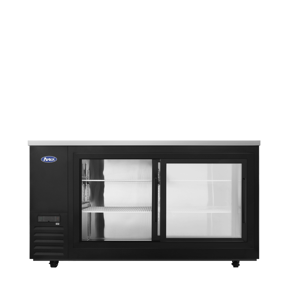 Atosa SBB69SGGRAUS2 68" 18.6 Cu. Ft. Shallow Depth Back Bar Cooler, 2 Sliding Glass Doors, Black Exterior