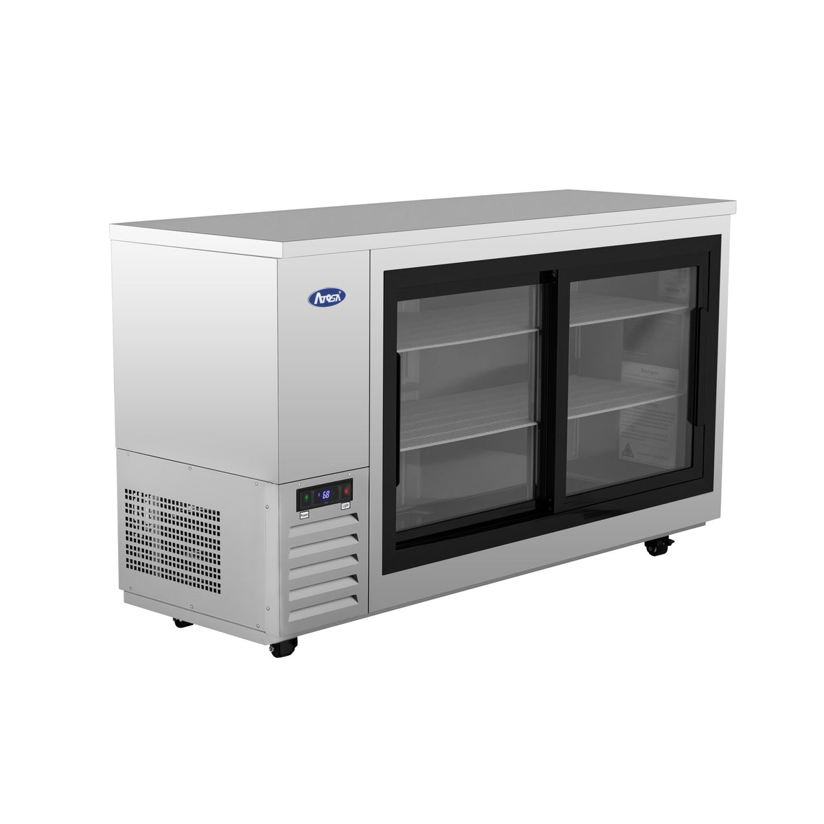 Atosa SBB69SGGRAUS1 68" 18.6 Cu. Ft. Shallow Depth Back Bar Cooler, 2 Sliding Glass Doors, Stainless Steel Exterior