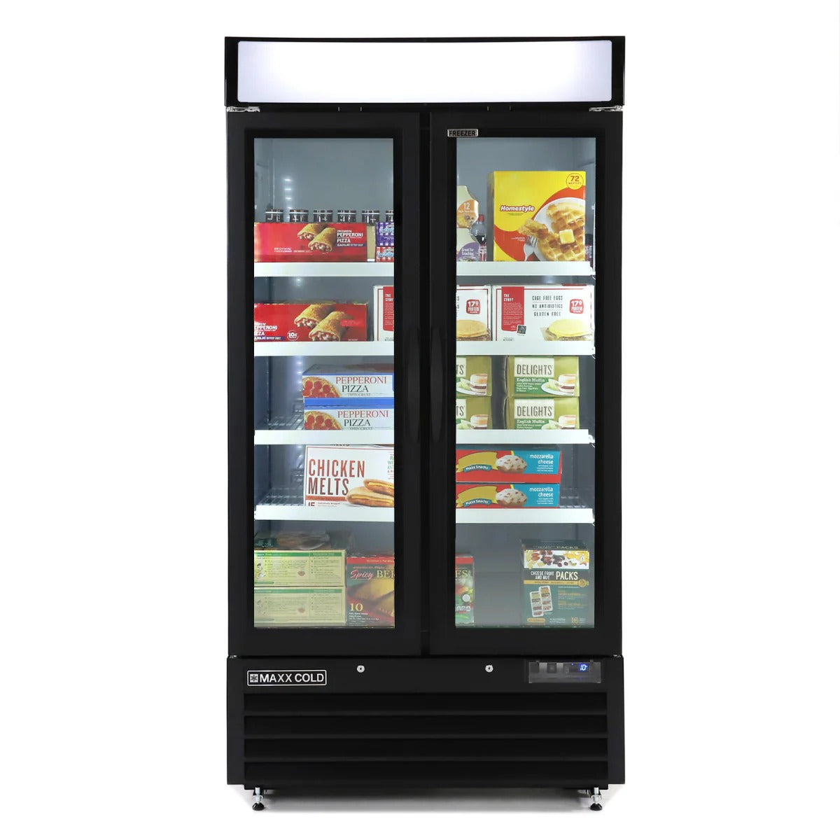 Maxx Cold MXM2-36FBHC 39.5" Narrow Width Double Glass Door Merchandiser Freezer, 36 Cu Ft, Black, LED Lighting