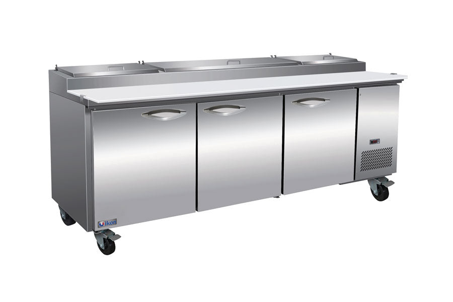 IKON IPP94 94 In. Three-section Pizza Prep Table, (12) 1/3 GN Pans, R290, Self-Contained