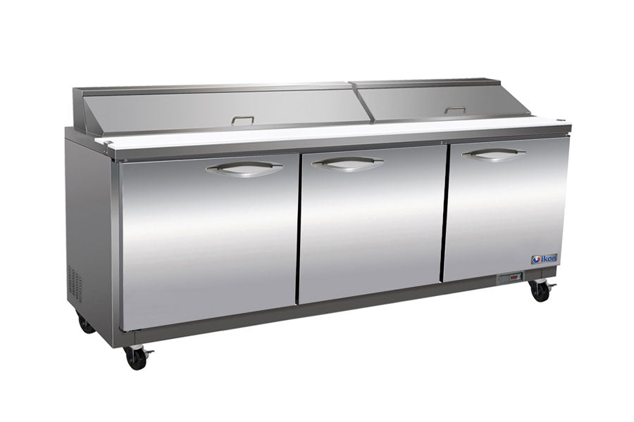 IKON ISP72 72 In. Three-section Sandwich/Salad Prep Table, (18) 1/6 GN Pans, R290, Self-Contained