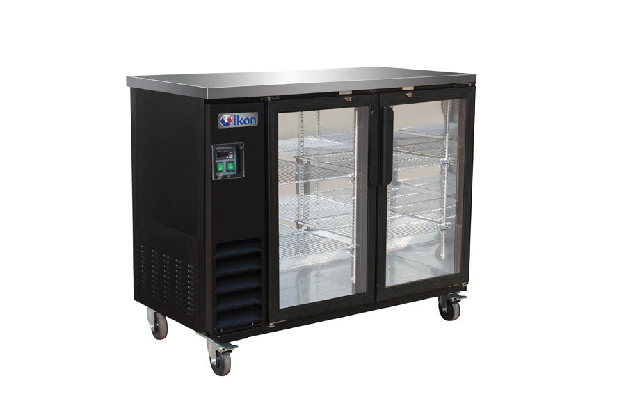 IKON IBB49-2G-24 49 In. Two-section Back Bar Cooler, Swing Glass Doors, Black Exterior, R290