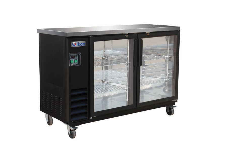 IKON IBB61-2G-24 61 In. Two-section Back Bar Cooler, Swing Glass Doors, Black Exterior, R290