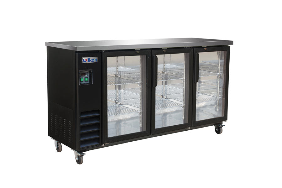 IKON IBB73-3G-24 73 In. Three-section Back Bar Cooler, Swing Glass Doors, Black Exterior, R290