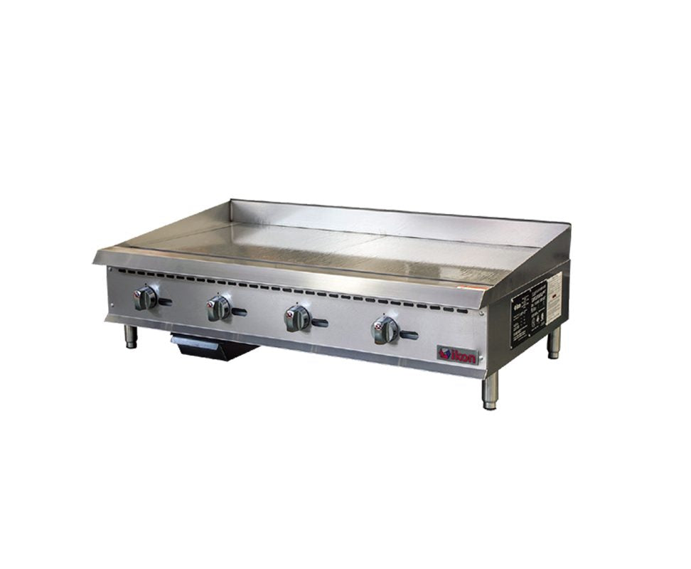 IKON ITG-48 48 In. Gas Thermostatic Griddle, (4) 30,000 BTU U-Shape Burners, 120,000 BTU, 1 In. Polished Steel Plate