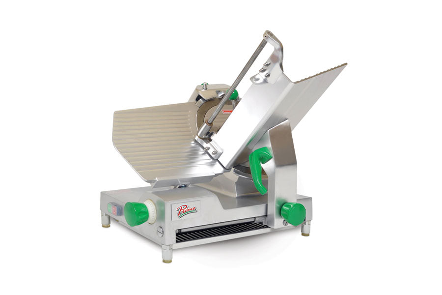 Primo PS-12D 12 In. Deluxe Meat Slicer, Belt-Driven, Built-In Sharpener, Removable Carriage, 1/2 HP