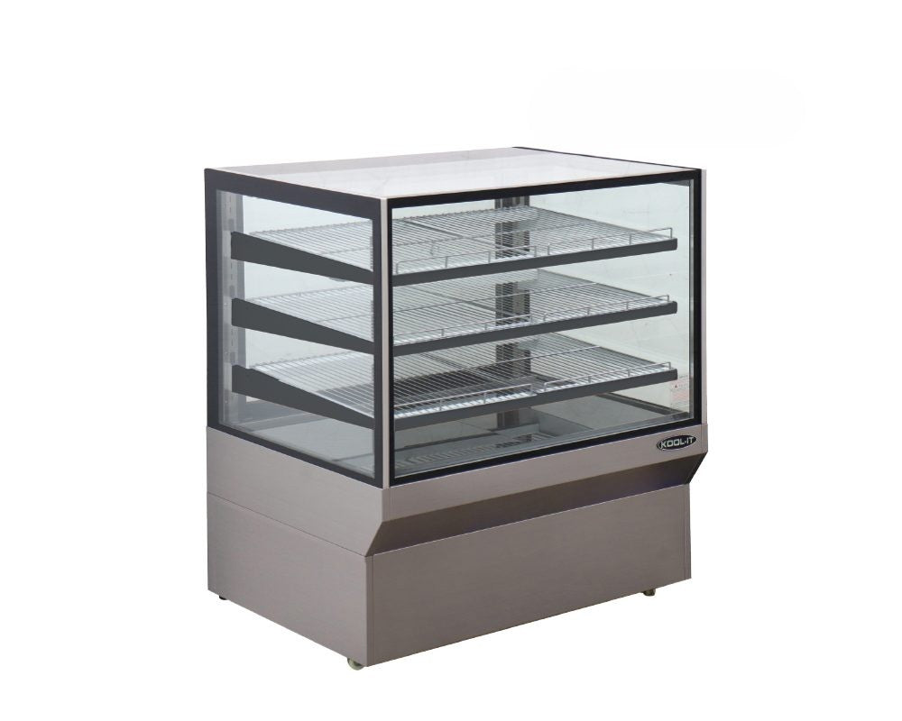 Kool-It KBF-59 MAX 59 In. Refrigerated Flat Glass Display Case, Self-Contained, Three Adjustable Shelves, Full-Depth Sheet Pan Compatible