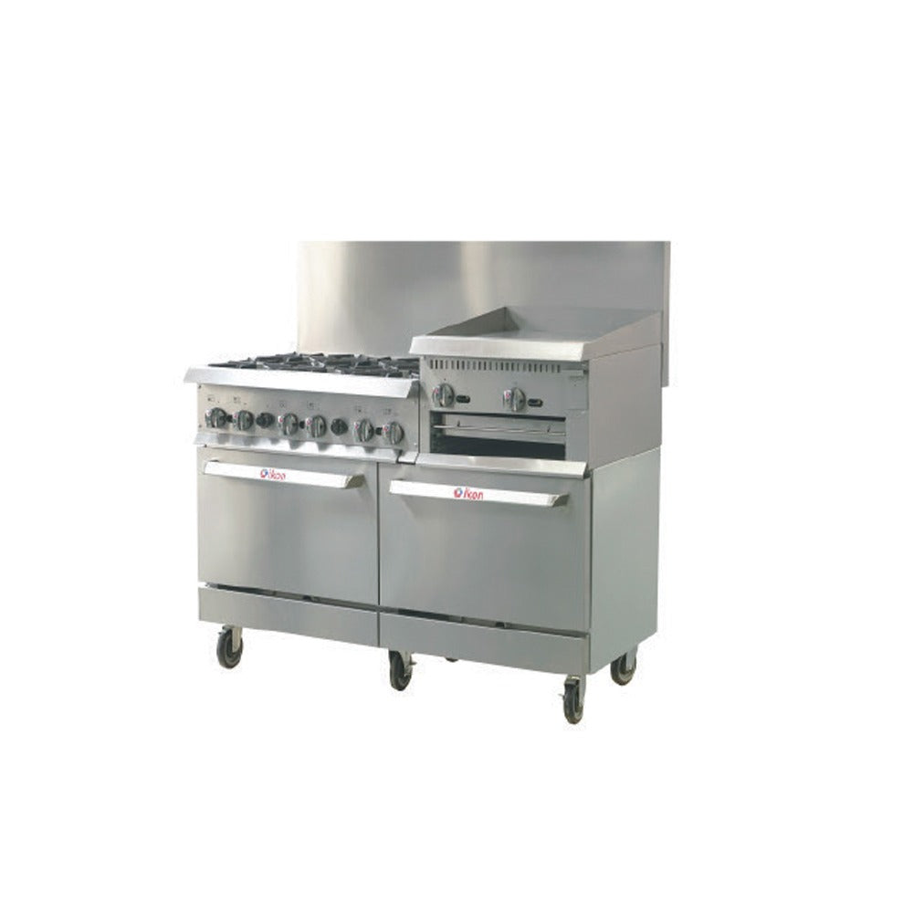 IKON IR-6B-24RG-60 60 In. Gas Combo Range, (6) Open Burners, 24" Raised Griddle/Broiler, (2) Static Ovens, 306,000 BTU