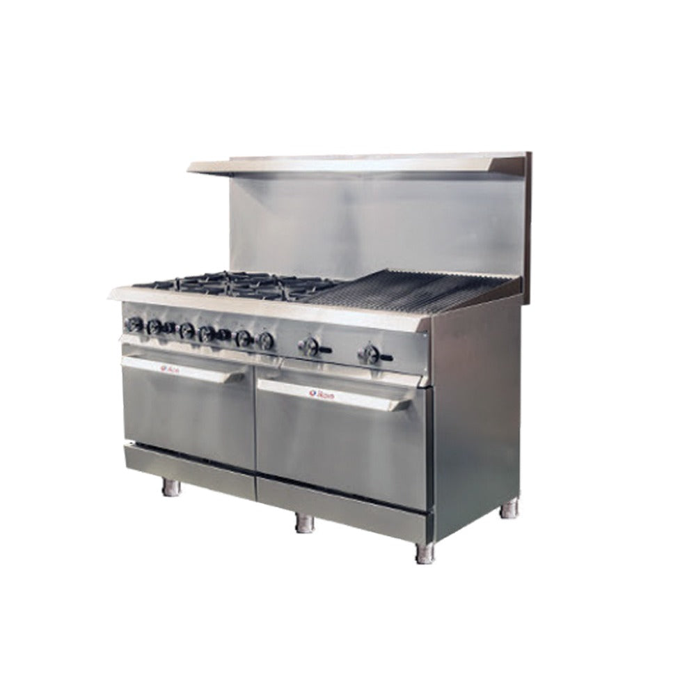 IKON IR-6B-24RB-60 60 In. Gas Combo Range, (6) Open Burners, 24" Radiant Broiler, (2) Static Ovens, 316,000 BTU