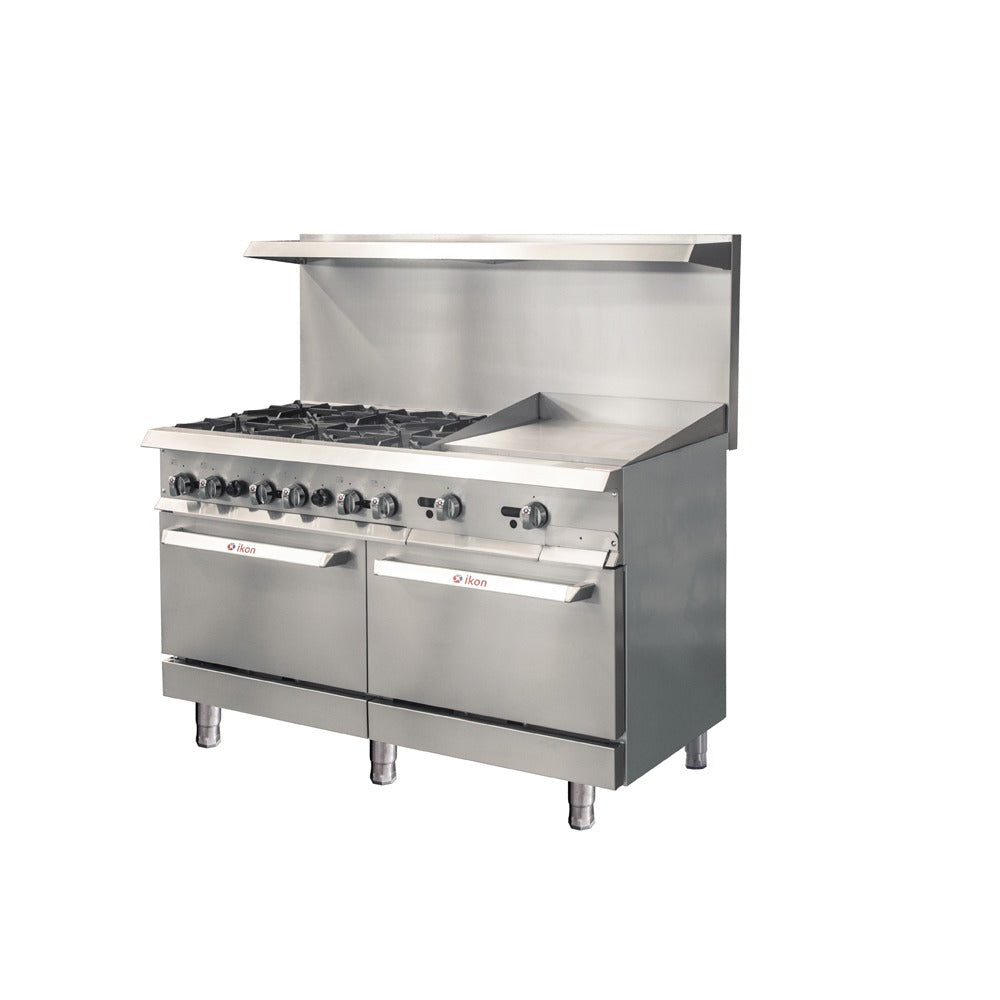 IKON IR-6B-24TG-60 60 In. Gas Combo Range, (6) Open Burners, 24" Thermostatic Griddle, (2) Static Ovens, 306,000 BTU