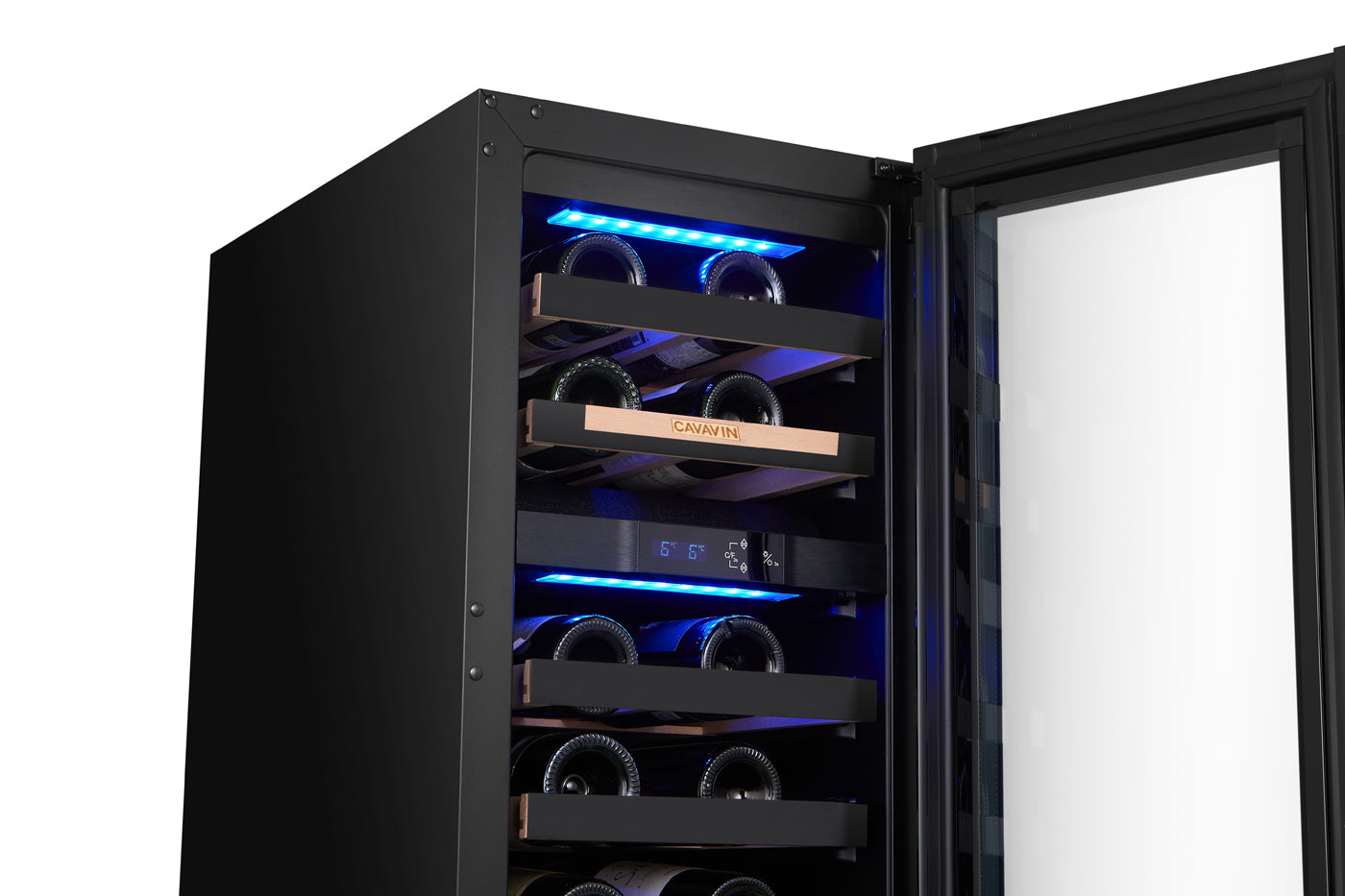 Cavavin V-024WDZFGB 15 In. 24-Bottle Dual Zone Wine Cellar, Black Lacquered Aluminum Front with LOW-E Glass, Invisible Handle, Built-In or Freestanding