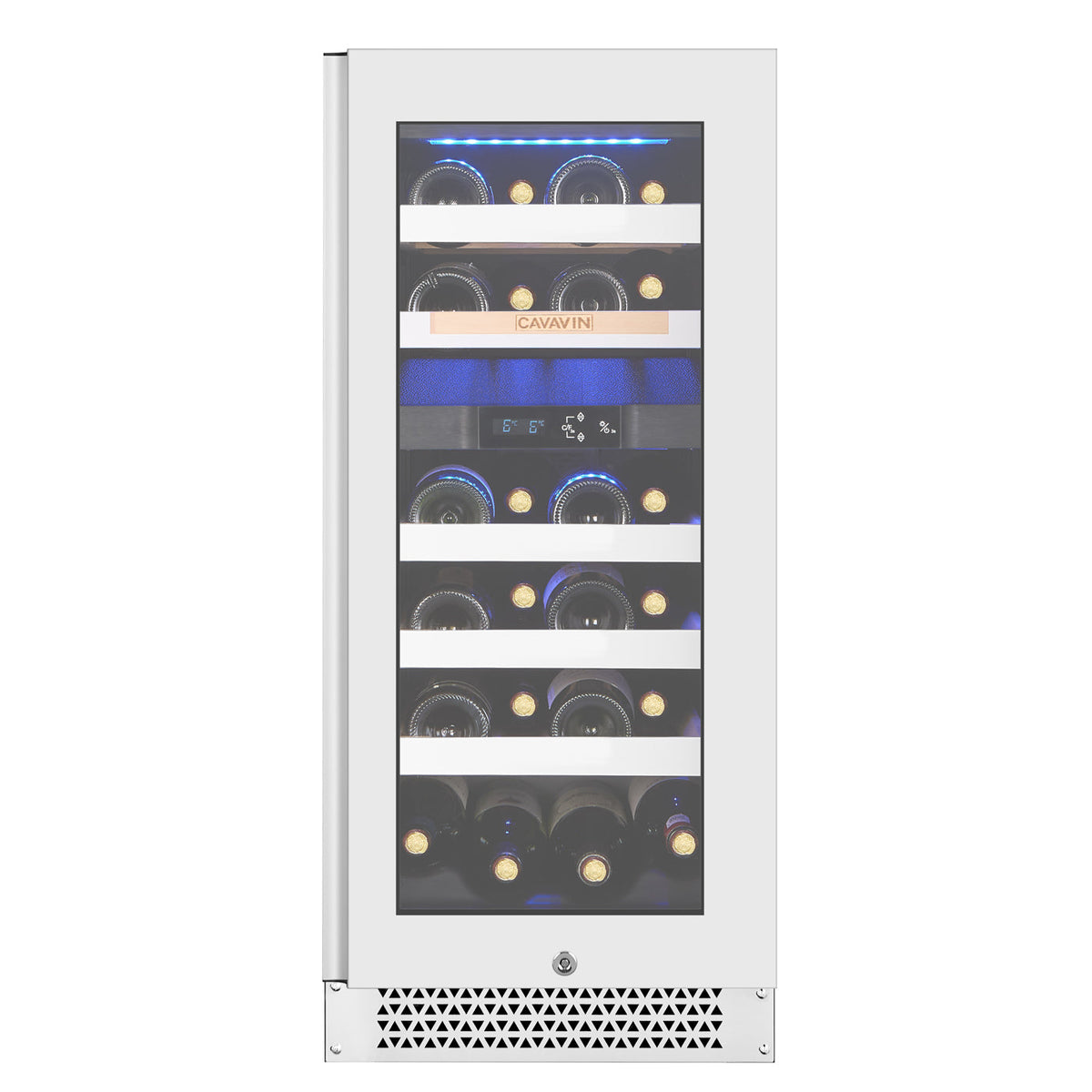 Cavavin V-024WDZFGW 15 In. 24-Bottle Dual Zone Wine Cellar, White Lacquered Aluminum Front with LOW-E Glass, Invisible Handle, Built-In or Freestanding