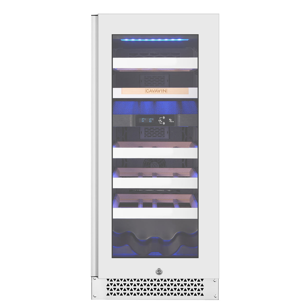 Cavavin V-024WDZFGW 15 In. 24-Bottle Dual Zone Wine Cellar, White Lacquered Aluminum Front with LOW-E Glass, Invisible Handle, Built-In or Freestanding