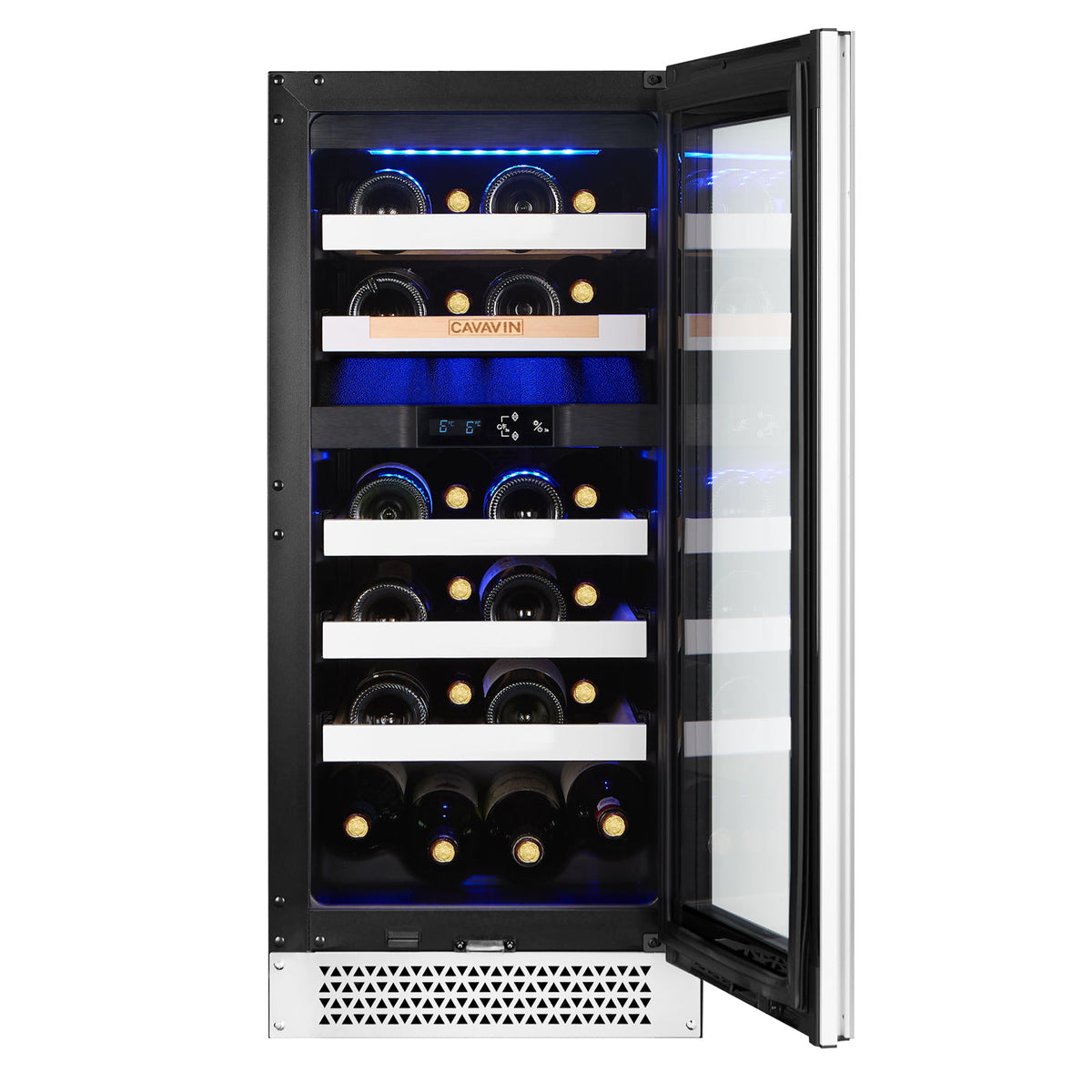 Cavavin V-024WDZFGW 15 In. 24-Bottle Dual Zone Wine Cellar, White Lacquered Aluminum Front with LOW-E Glass, Invisible Handle, Built-In or Freestanding