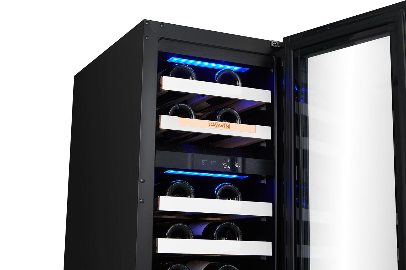 Cavavin V-024WDZFGW 15 In. 24-Bottle Dual Zone Wine Cellar, White Lacquered Aluminum Front with LOW-E Glass, Invisible Handle, Built-In or Freestanding