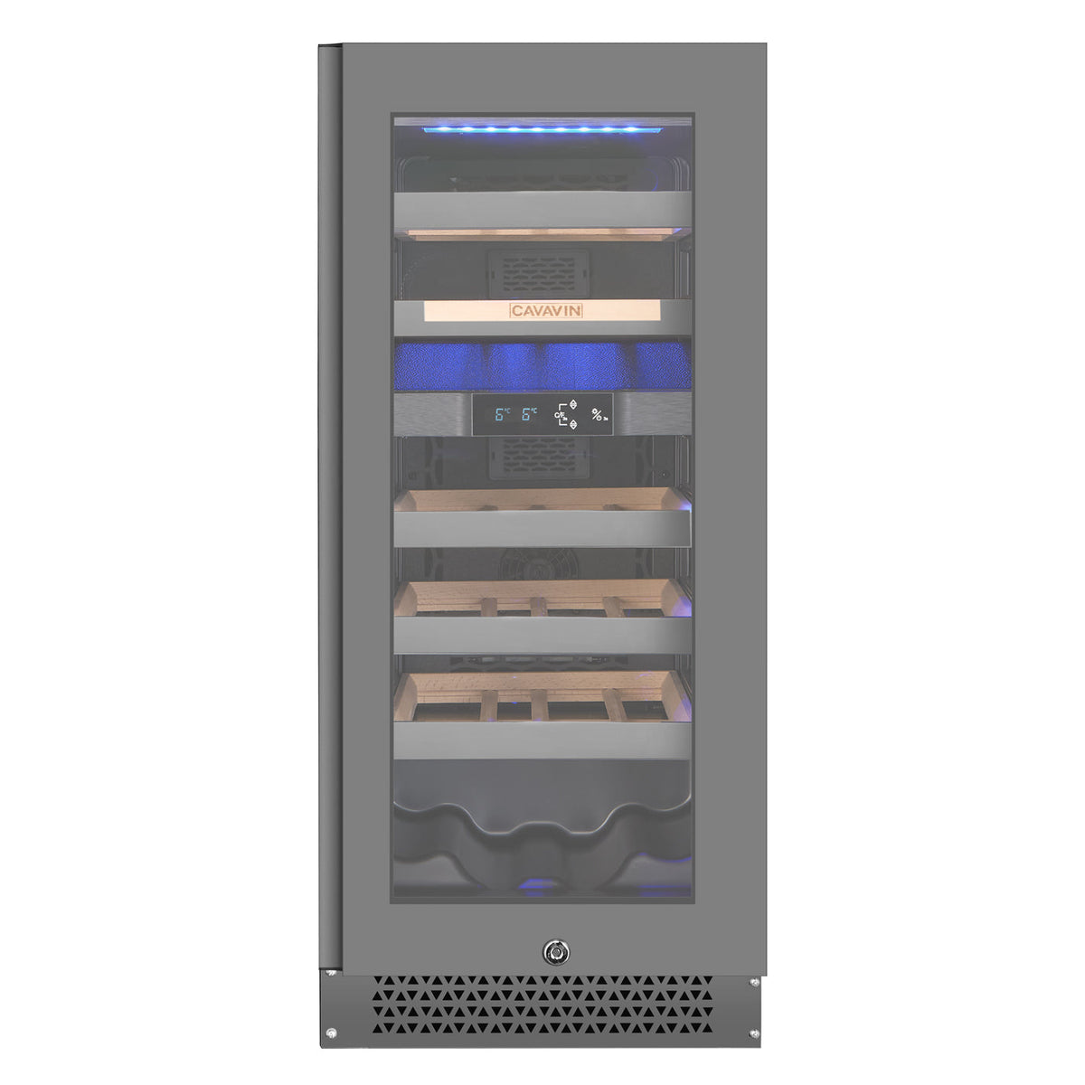 Cavavin V-024WDZFGG 15 In. 24-Bottle Dual Zone Wine Cellar, Grey Lacquered Aluminum Front with LOW-E Glass, Invisible Handle, Built-In or Freestanding