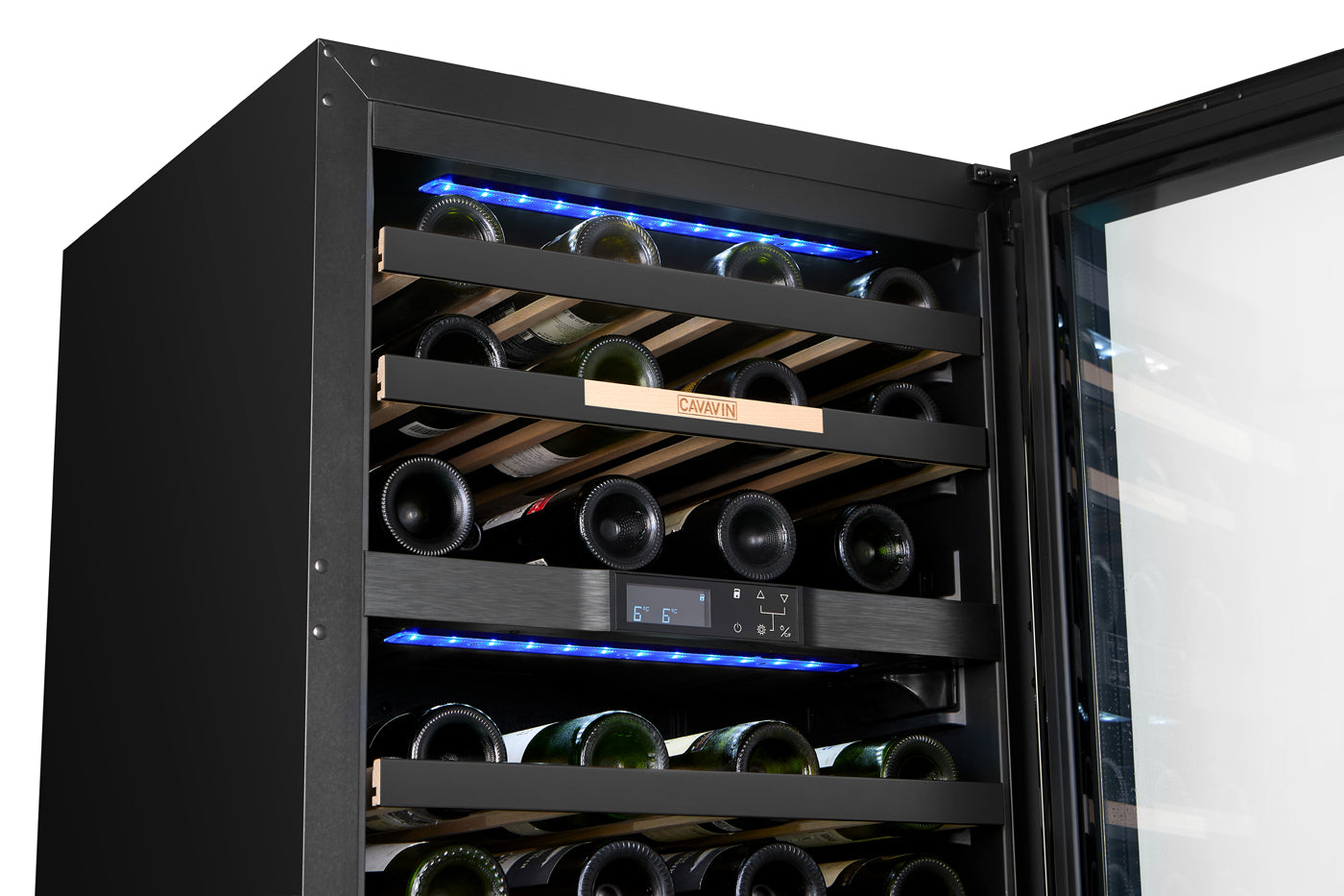 Cavavin V-041WBVCFGB 24 In. 41-Bottle Dual Zone Wine and Beverage Center, Black Lacquered Aluminum Front with LOW-E Glass, Invisible Handle, Built-In or Freestanding