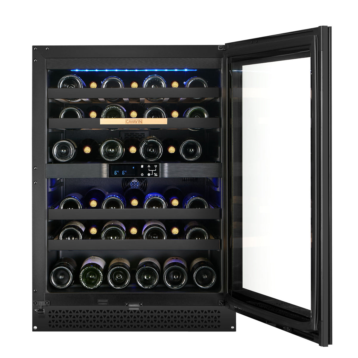 Cavavin V-041WBVCFGB 24 In. 41-Bottle Dual Zone Wine and Beverage Center, Black Lacquered Aluminum Front with LOW-E Glass, Invisible Handle, Built-In or Freestanding