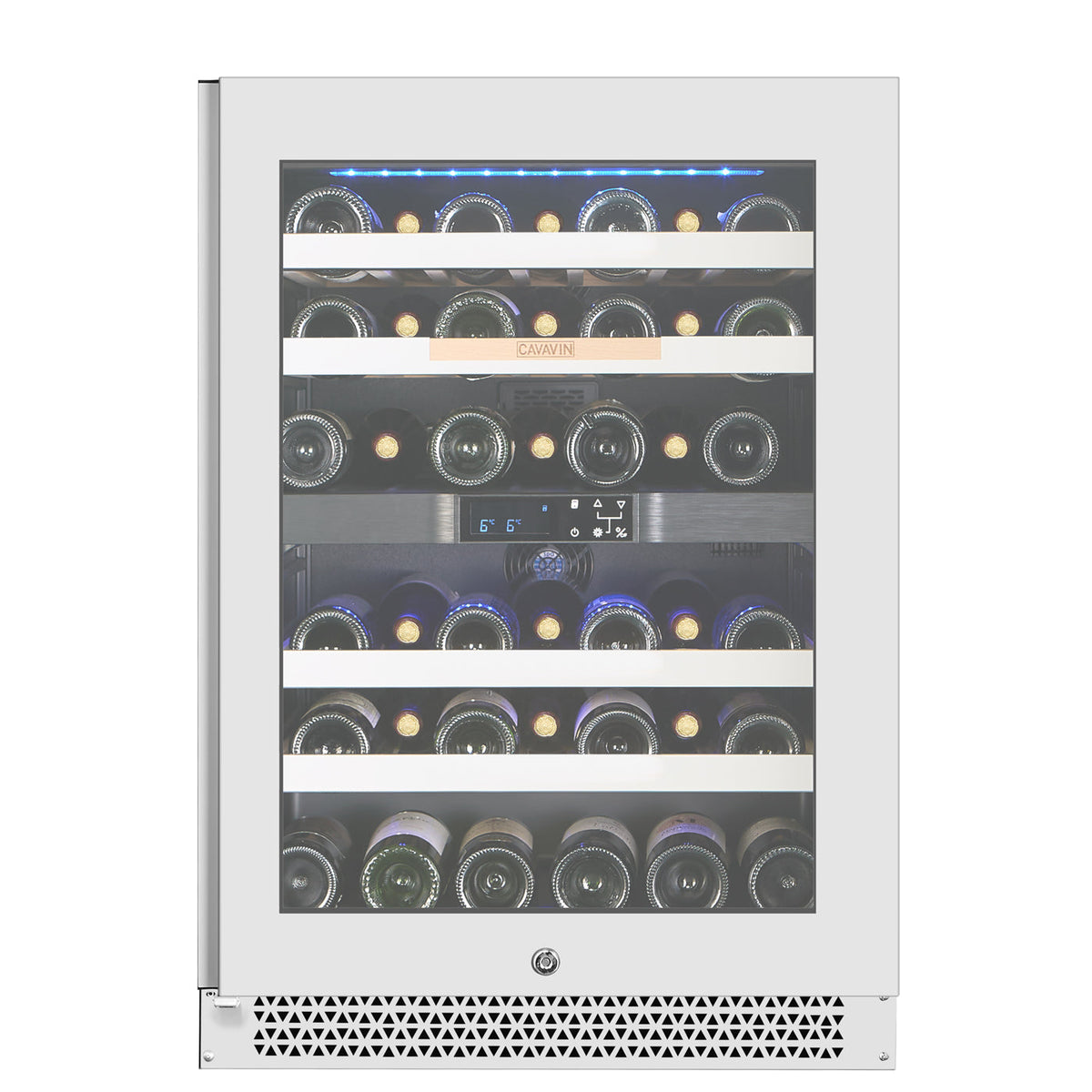 Cavavin V-041WBVCFGW 24 In. 41-Bottle Dual Zone Wine and Beverage Center, White Lacquered Aluminum Front with LOW-E Glass, Invisible Handle, Built-In or Freestanding