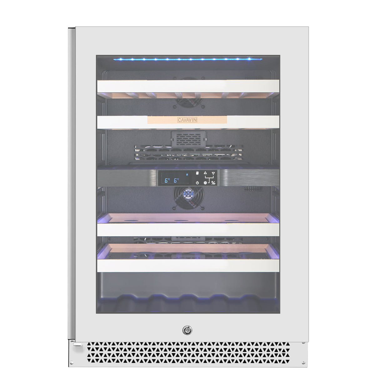 Cavavin V-041WBVCFGW 24 In. 41-Bottle Dual Zone Wine and Beverage Center, White Lacquered Aluminum Front with LOW-E Glass, Invisible Handle, Built-In or Freestanding