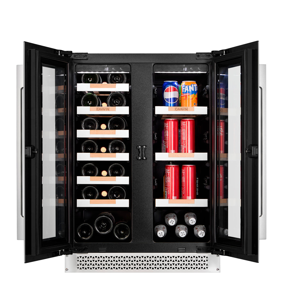 Cavavin V-067WBVC 24 In. Dual Zone Wine and Beverage Center, 21 Bottles and 46 Cans, Stainless Steel Frame with LOW-E Glass, Built-In or Freestanding