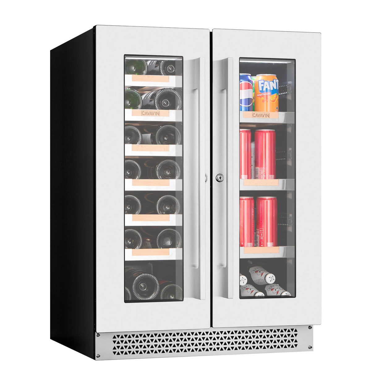 Cavavin V-067WBVC 24 In. Dual Zone Wine and Beverage Center, 21 Bottles and 46 Cans, Stainless Steel Frame with LOW-E Glass, Built-In or Freestanding