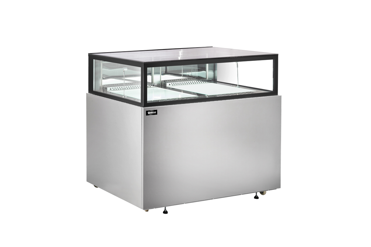 Omcan RE-CN-0048 48 In. Flat Top Refrigerated Display Showcase, 13.2 cu. ft., Glass Drawer Shelves, Stainless Steel