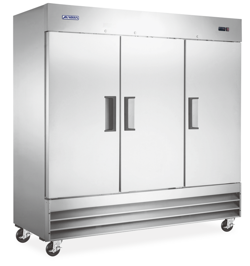 Omcan 59028 Aurora 81 In. Reach-In Refrigerator, 72 cu. ft. (2040L), Stainless Steel, 3 Solid Doors