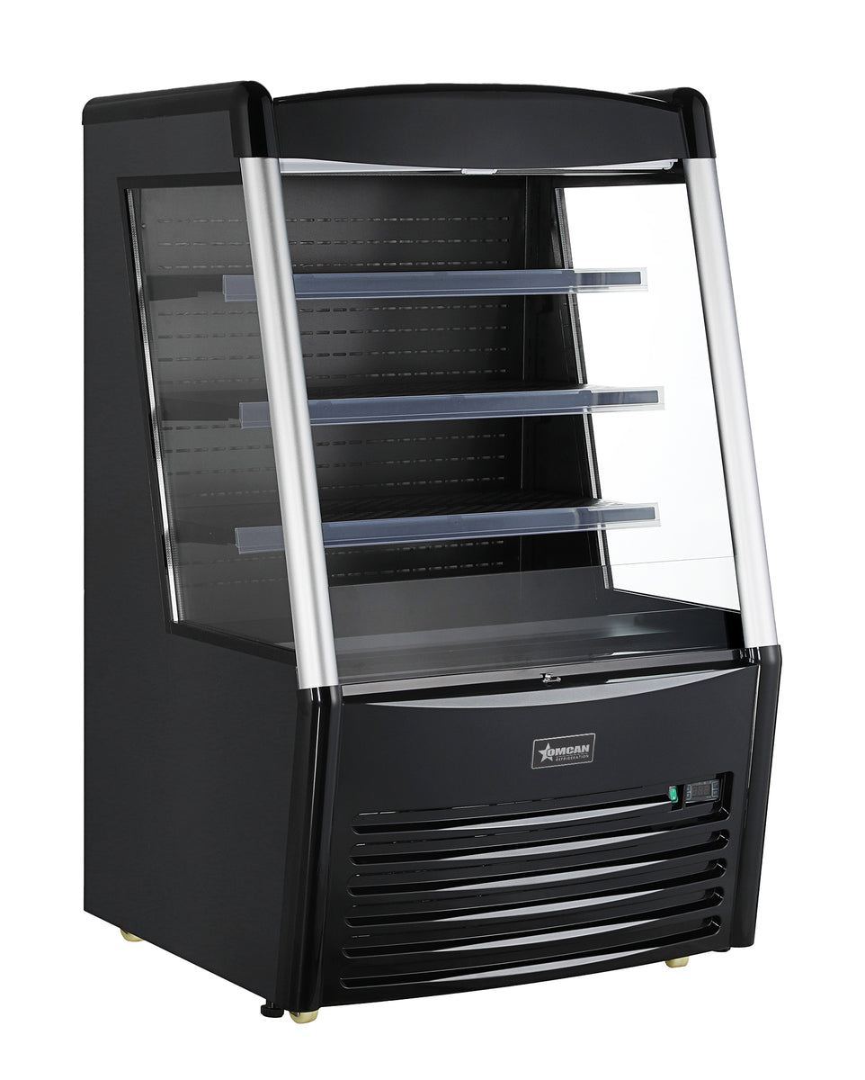Omcan 47514 36 In. Open Refrigerated Display Case, 13.77 cu. ft. (390L), Black, LED Lighting, Night Curtain