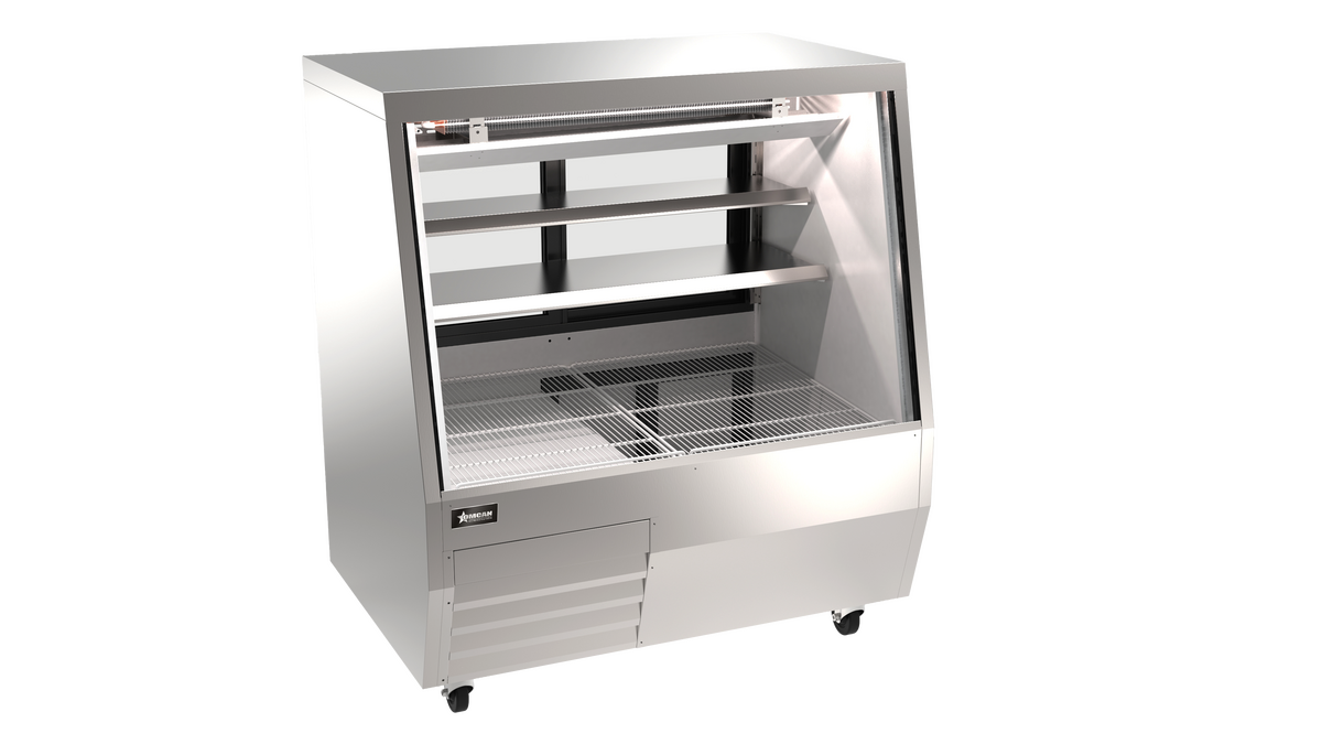 Omcan RS-CN-0050D-SS 50 In. Square Glass Refrigerated Double-Duty Deli Case, 20.58 Cu. Ft., LED Lighting, Stainless Steel
