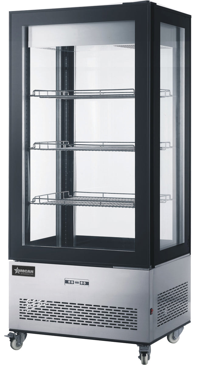 Omcan 44474 33 In. Refrigerated Display Case, Four-Sided Glass, 19.42 cu. ft. (550L), 75 In. Tall, Stainless Steel