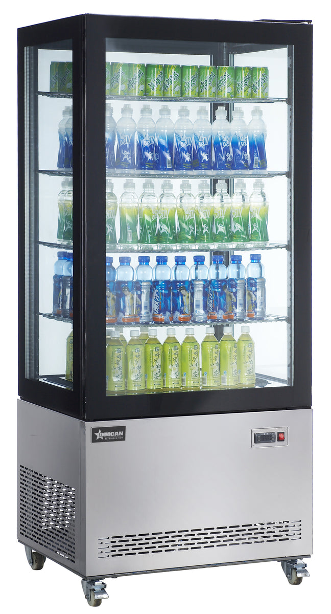 Omcan 44474 33 In. Refrigerated Display Case, Four-Sided Glass, 19.42 cu. ft. (550L), 75 In. Tall, Stainless Steel