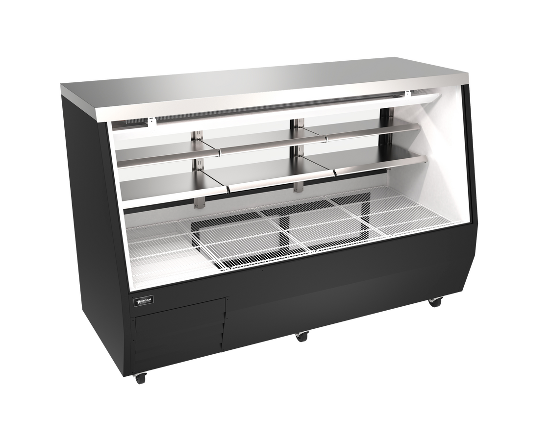 Omcan 50108 84 In. Black Square Glass Refrigerated Double-Duty Deli Case, 1 HP Embraco Compressor, R290 Refrigerant