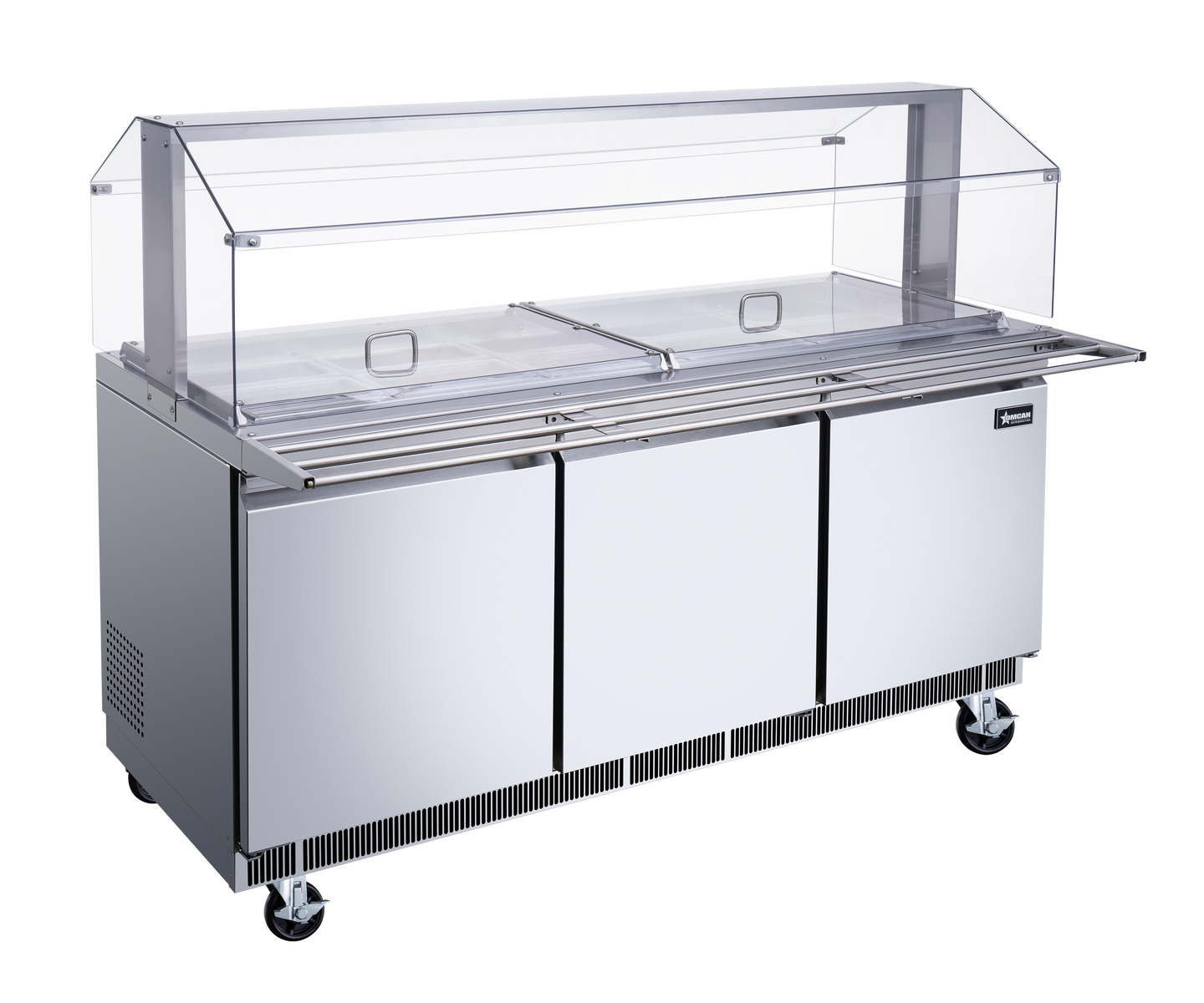 Omcan 50090 72 In. Stainless Steel Refrigerated Salad Bar, 15 Pan Capacity, Sneeze Guard, Tray Slide